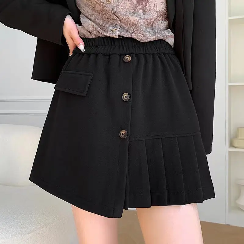 Plus Size Autumn and Winter New Casual Outer Wear Woolen Shorts Fat Girls Pleated High Waist A-line Flesh-covering Boot Pants