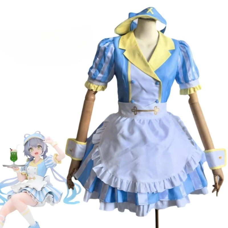 Luo Tianyi Roller Skating Waitress Cosplay Costume Full Set (Hat+Top+Skirt+Apron) Women Dress Halloween Party