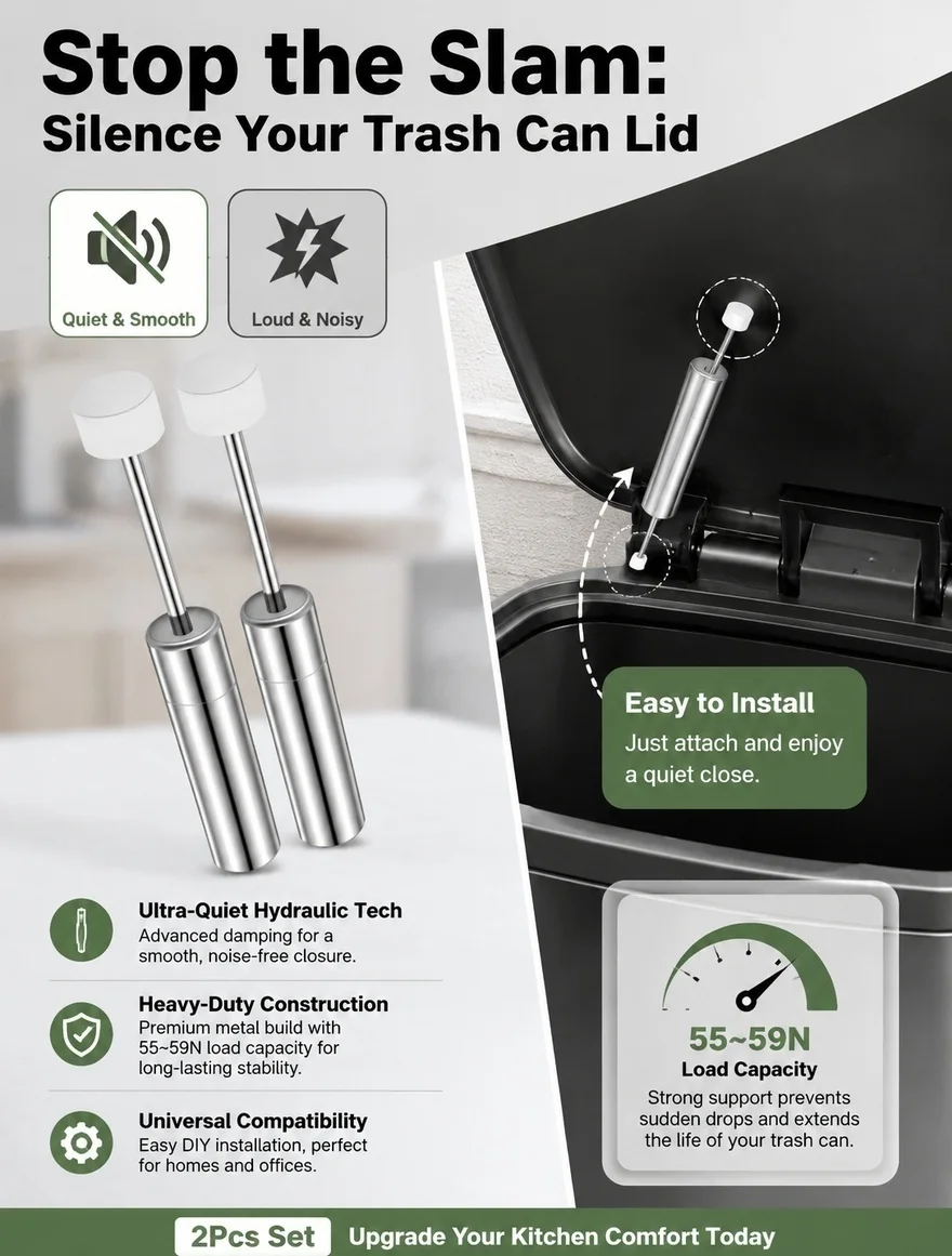 2Pcs Soft Close Trash Can Damper Set High Precision Hydraulic Slow Closing Buffer Replacement for Kitchen Office Garbage Can Lid