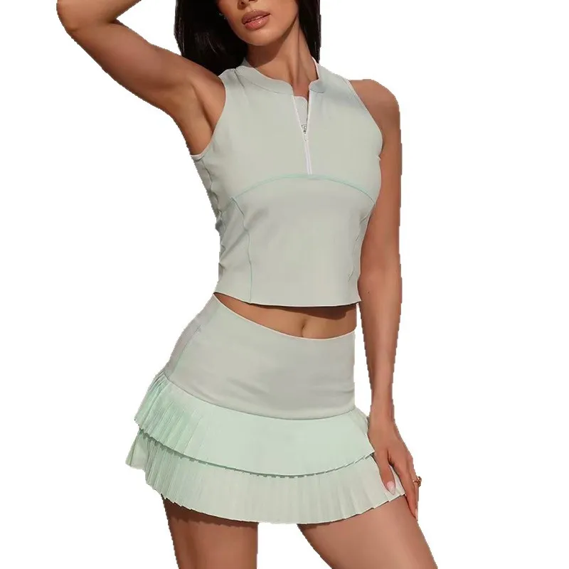 

Jenny&dave Half Zip Sleeveless Sports Vest, Running Anti Glare Sports Skirt, Double-layer Pleated Skirt, Quick Drying Fitness