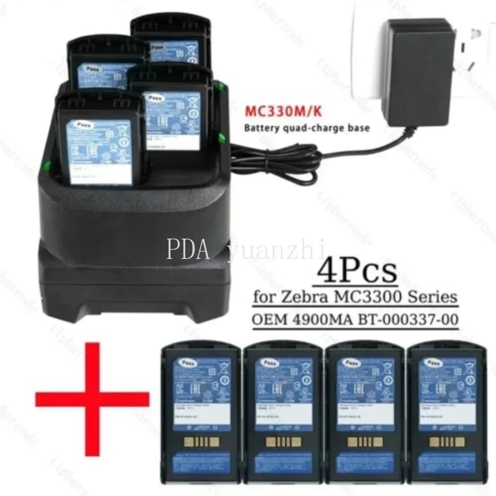 4-Slot Battery Charging Cradle + Adapter Power + 4pcs Batteries For Zebra MC3200 MC3300 MC330M MC330K