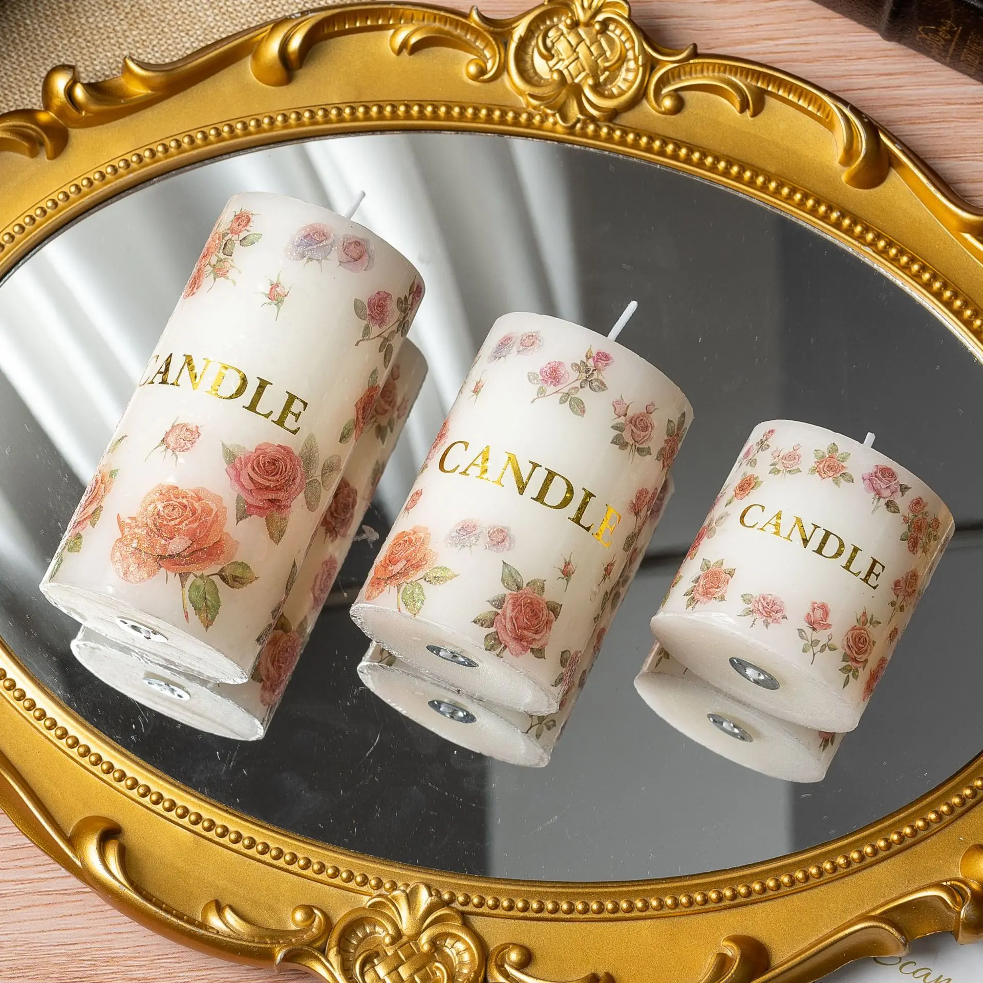 Gold Foil Rose Printed Pillar Candle, Unscented Smokeless Floral Wax Pillar Candlestick  Ornament for  Home Decor Display Gift