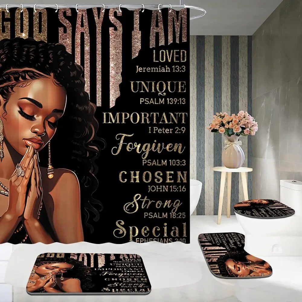 1/4Pcs Elegant Bathroom Set Inspirational Quote Shower Curtain, 12 Hooks, Anti Slip Bath Mat, U Shaped Rug Toilet Lid Cover for