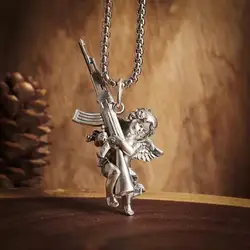 Classic Creative Retro Angel AK-47 Symbols of Peace and War Pendant Necklace for Men Women Fashion Hip Hop Punk Jewelry Gift