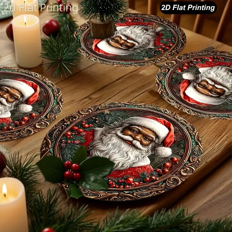 VIKAMA Christmas Placemat Santa Bell Holly Scene Placemats Set Linen Table Mat Dining Kitchen Holiday Party Decor