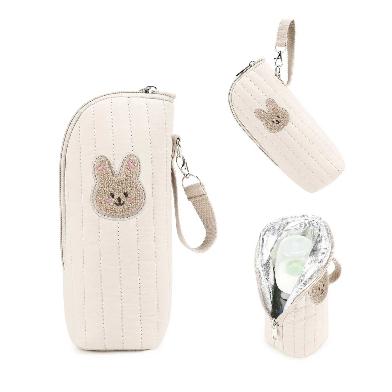 Somenie Portable Bottle Insulation Bag, Cartoon Bear Pure‑Cotton & Aluminum‑Foil Insulated Storage Pouch for Outdoor Stroller