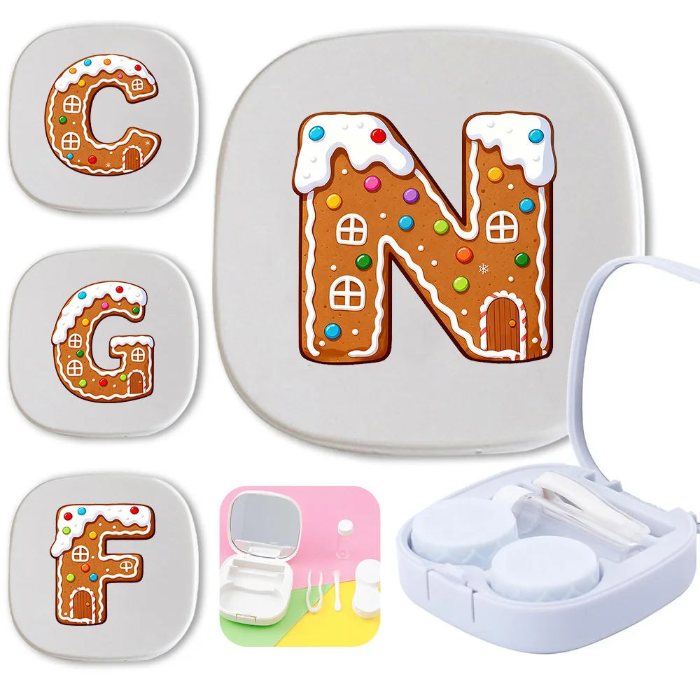 

Women Contact Lens Box Set Portable Storage Box Mirror Practical and Simple Contact Lens Accessories Gingerbread House Pattern