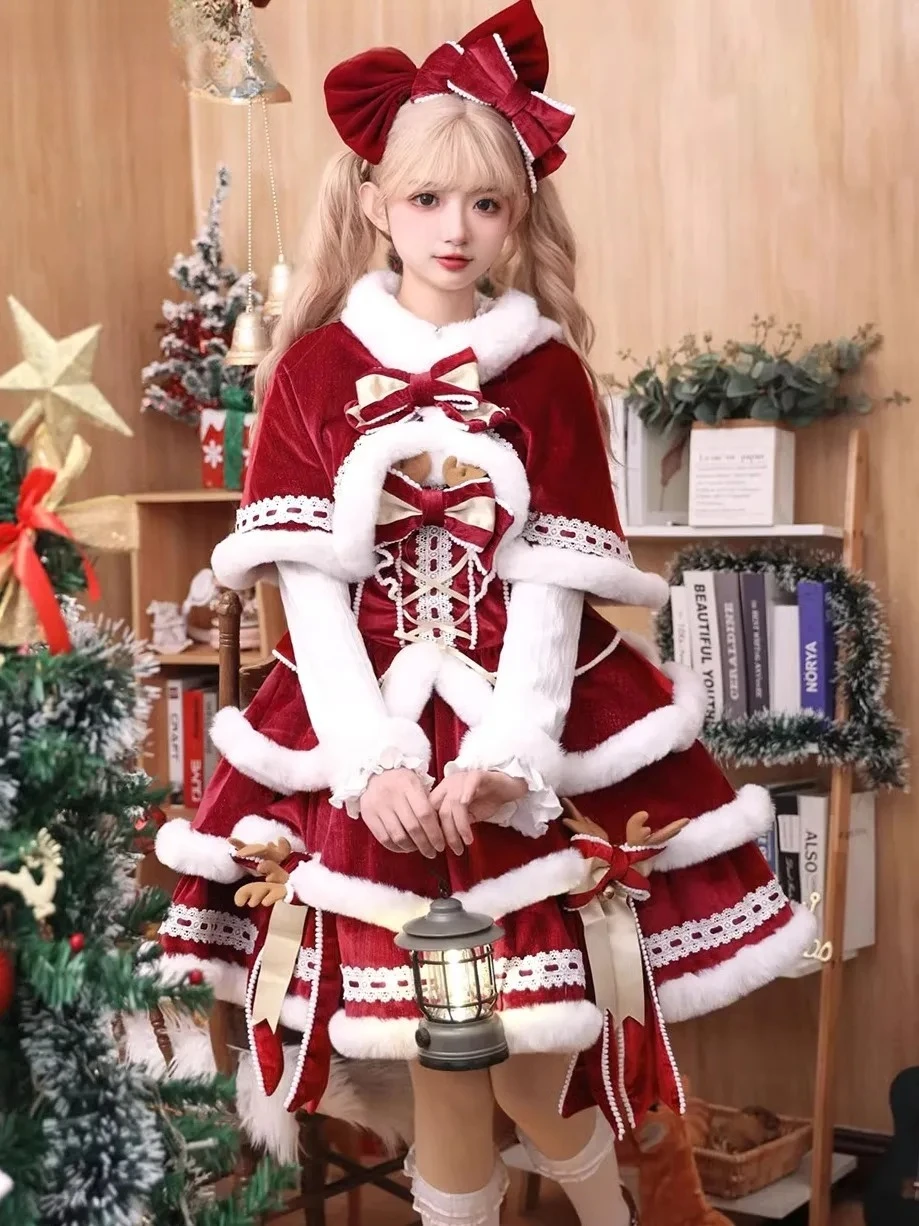 الأصلي عيد الميلاد لوليتا فستان الحلو لطيف عالية الخصر سليم صالح القوس الشريط الحمالة فستان للنساء الأحمر كيب شتاء 2025 Y2k