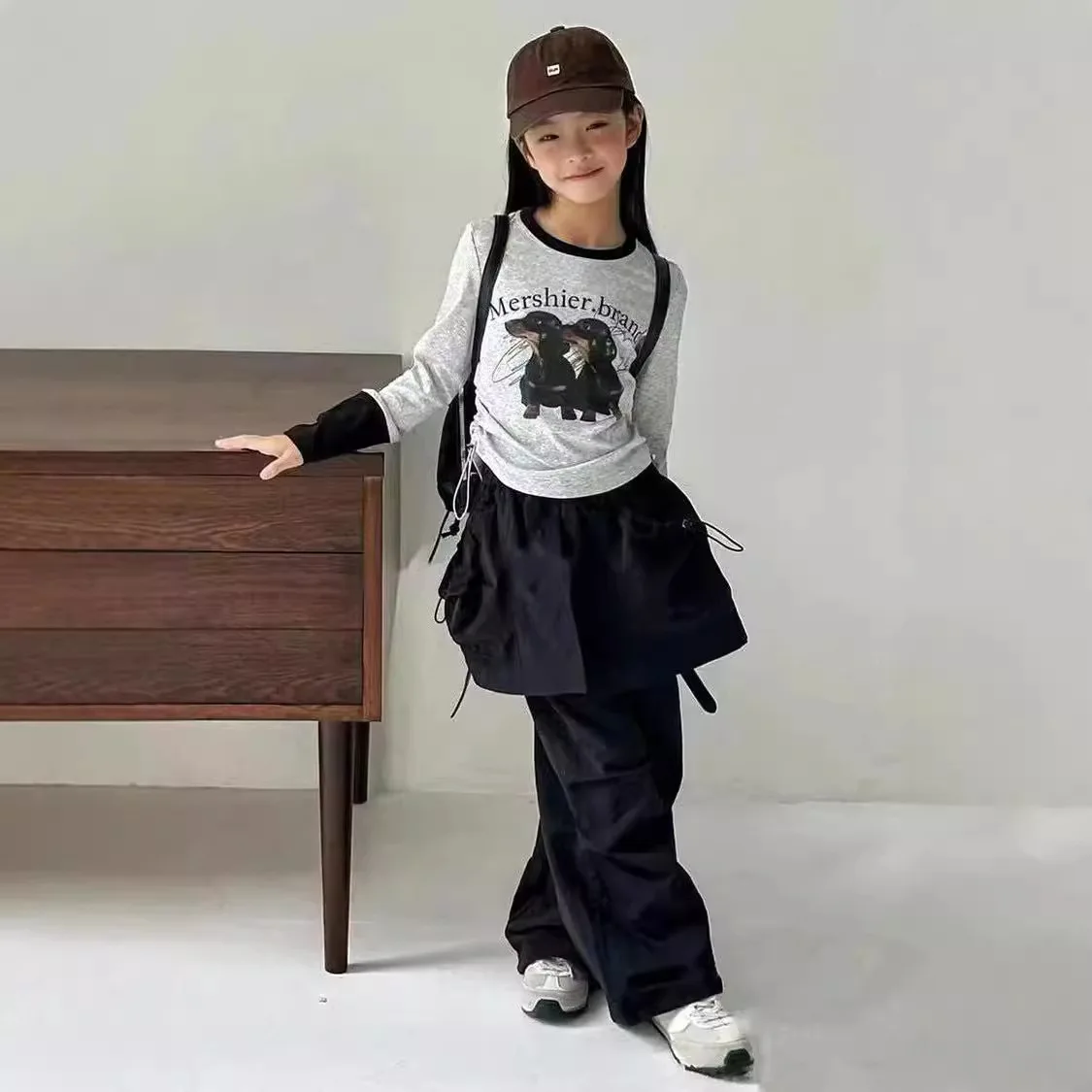 Girls Suits Cartoon Long-sleeved Base Shirt Tooling Fake Two Culottes Two-piece Set 2024 New Fall Suit European Fashion Style