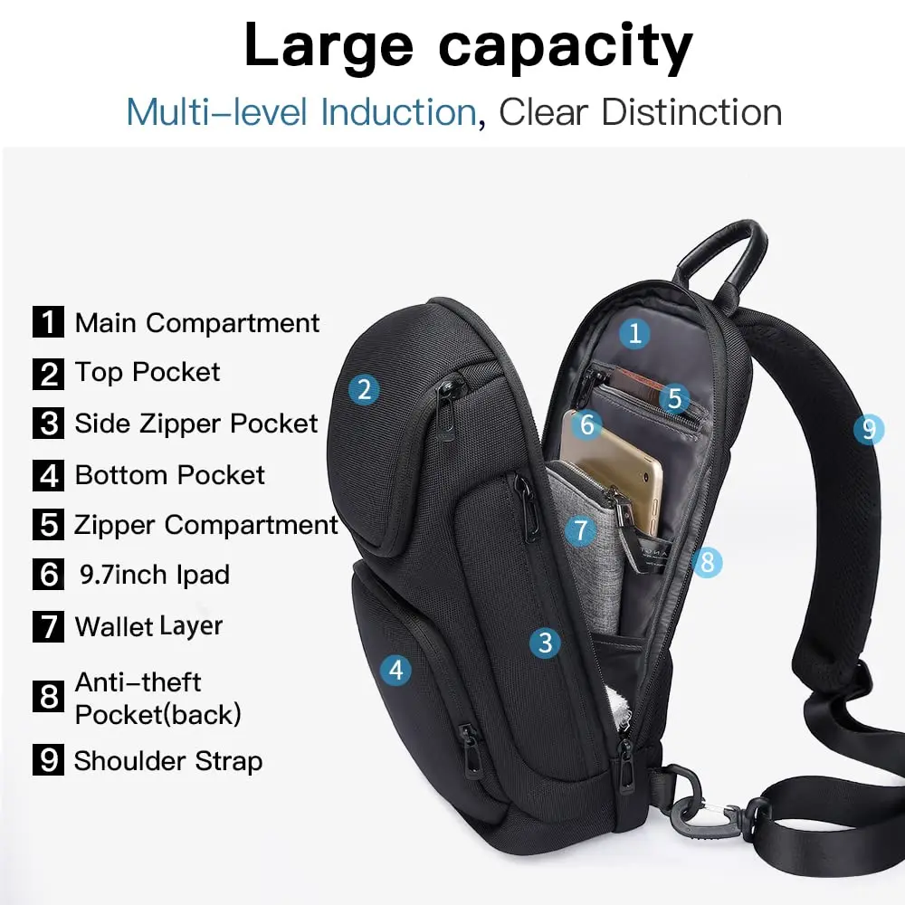 Sling Bag, Waterproof Men's Chest Bag Shoulder bags Crossbody Sling Backpack for Men