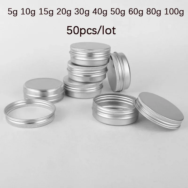 50pcs Silver Aluminum Tin Jars Boxes Candle Jars Portable Tea Cans   Sample Container Cosmetic Pots With Screw Cap For Lip Balm