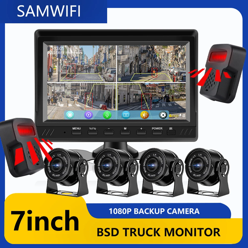 

AI Smart Blind Spot Радарная сигнализация 7-дюймовый автомобильный монитор AHD 4-канальный видеорегистратор с разделенным экраном для грузовика, автобуса, автофургона, внедорожника, прицепа, ИК-камера