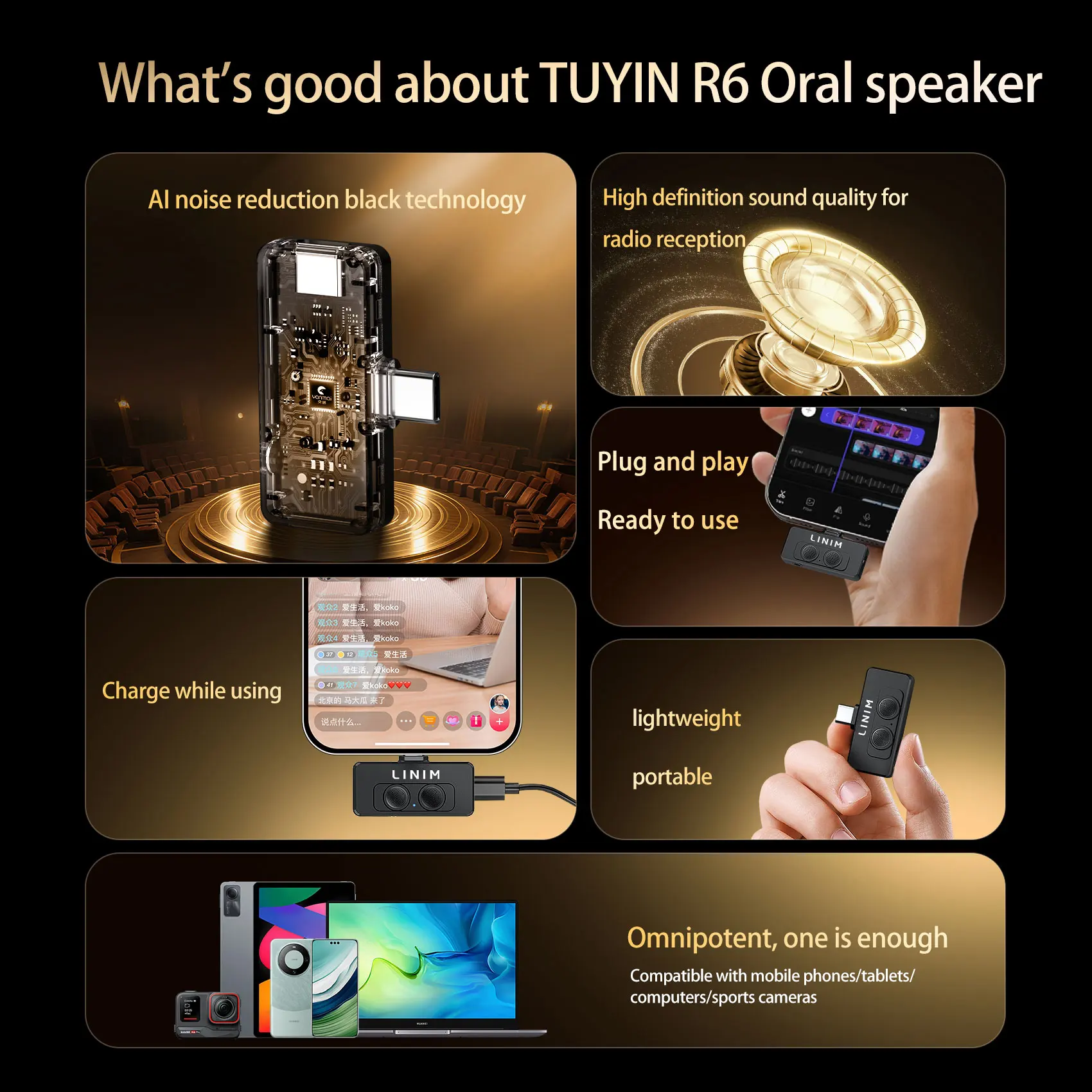 LINIM R6 Mikrofon mit Geräuschunterdrückung, speziell für Podcast/Vlog AI-Rauschunterdrückung, Plug-and-Play-Monitor, mobiles Mikrofon