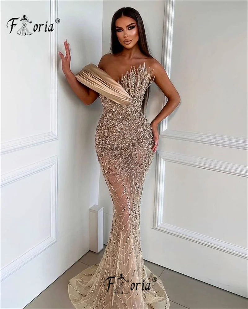 

Elegant Dubai Pearls Mermaid Evening Dresses 3D Appliques Formal Prom Dress Arabic Beads Crystals Party Gowns Robe De Soiree