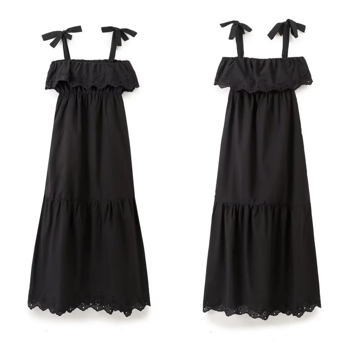 Guobioziy Robe Midi Noire d'Été pour Femme à Col Carré, Bretelles Fines, Nœud, Broderie à Œillets, à Volants, Décontractée, Robe de Plage