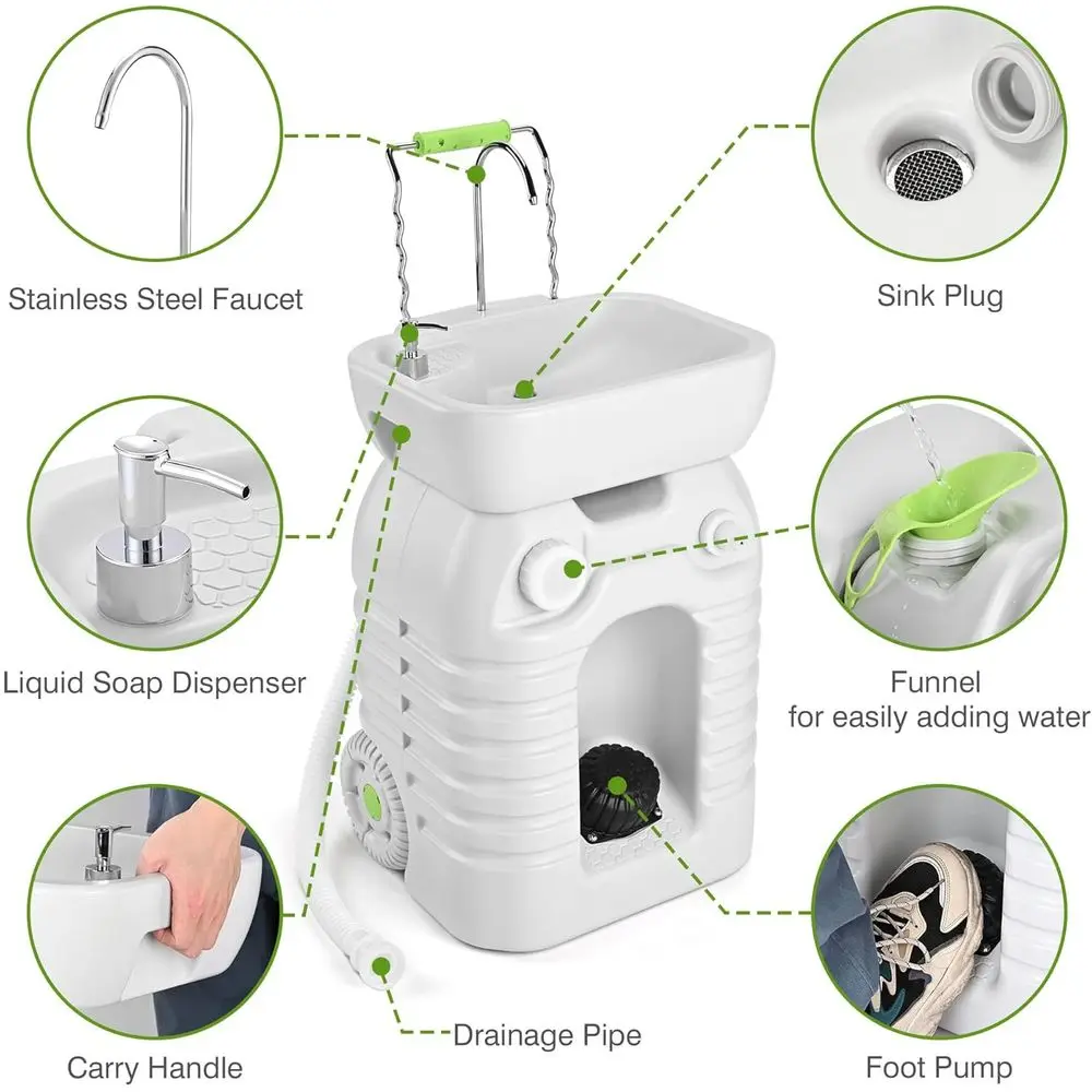 45L draagbaar gootsteen handwasstation met voetpomp en wiel 12 gallon campinggootsteen met zeepdispenser voor het wassen van handen, fruit I