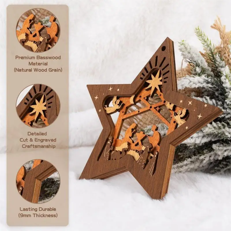 Wooden Christmas Tree Ornaments Five-pointed Star Design Religous Star Jesus Decoration Nativity Scene Craft