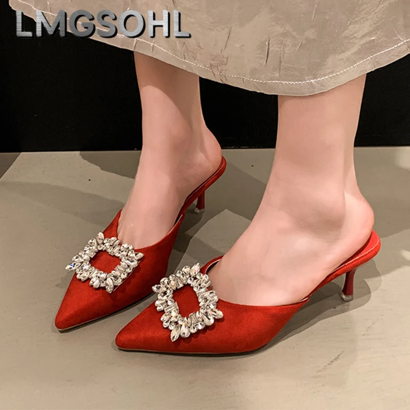 

Crystal Women Mules Slippers Pointed Toe High Heels Shoes Luxury Sandals 2025 Summer Dress Party Shoes New Women's Pumps Zapatos