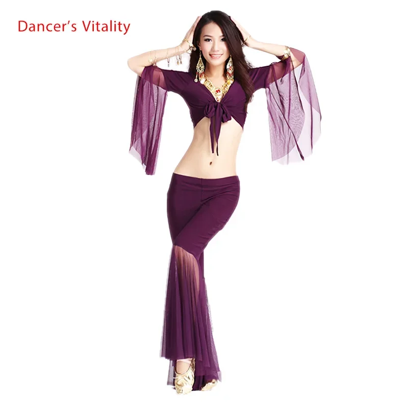 ¡VENTA CALIENTE! Conjunto de danza del vientre con mangas de altavoz de malla para mujer, 2 uds., top y pantalones de cinco puntos, traje de danza del vientre, 12 colores M y L