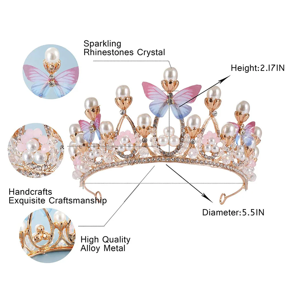 Wedding Handmade Rhinestone Tiara Pearl Headband Butterfly Princess Crown Tiaras for Girls