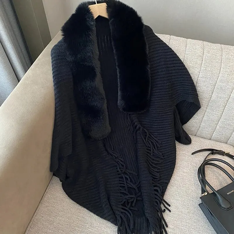 Winter Large Fur Collar Warm Tassel Shawl Knitted Cardigan Cape Shawl Women Stylish Loose Thick Coat 90*90cm