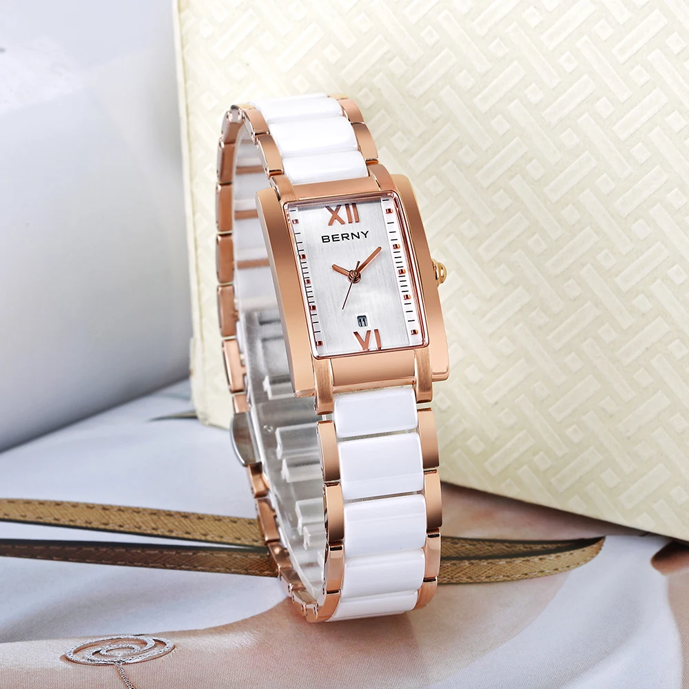 BERNY Women\'s Watches Calendar Date Elegant Classic Rectangle Ceramics Quartz Ladies Watch Luxury TANK Fashion Women Wristwatch