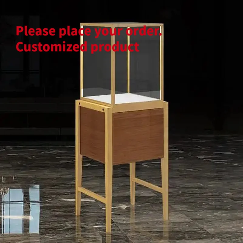 custom.Custom Jewelry Display Showcase with Gold Metal Frame& Wood Drawer, Glass Top Watch Retail Store