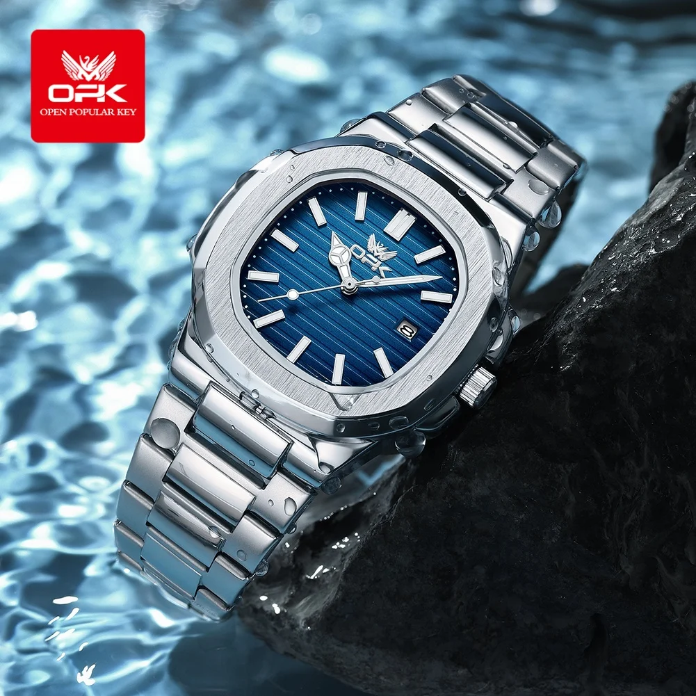 Opk 6055 novo relógio masculino quadrado à prova dwaterproof água luz noturna data semana relógio masculino de quartzo aço inoxidável marca luxo reloj + caixa