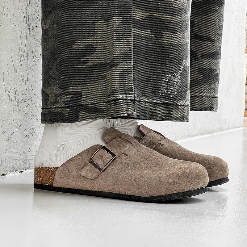 Half Shoes for Men Mules Suede Leather Loafers Slippers Open-back Casual Shoes Backless Slides Sandal Platform Slip On Flats