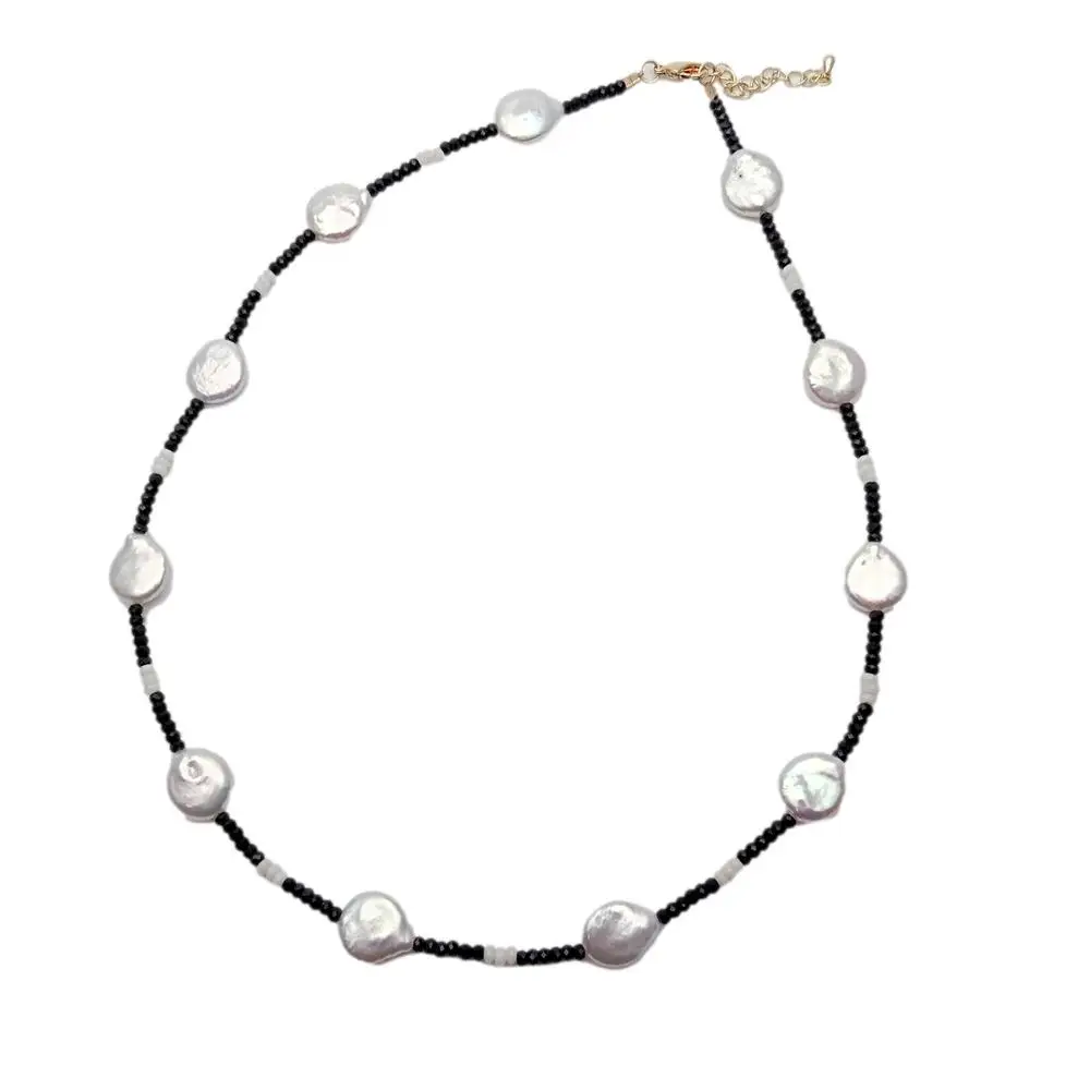 Y.YING Natural Real Black Spinel Cultured White Coin Pearl Choker Necklace Women Jewelry Nice Gift