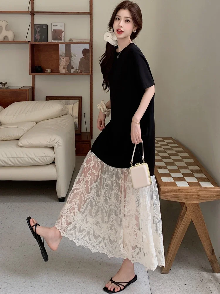 فستان نسائي مقاس كبير مرقع لصيف 2025 فساتين طويلة فضفاضة رداء Elbise بأكمام قصيرة على الطراز الكوري بحاشية منقوشة بالزهور #4