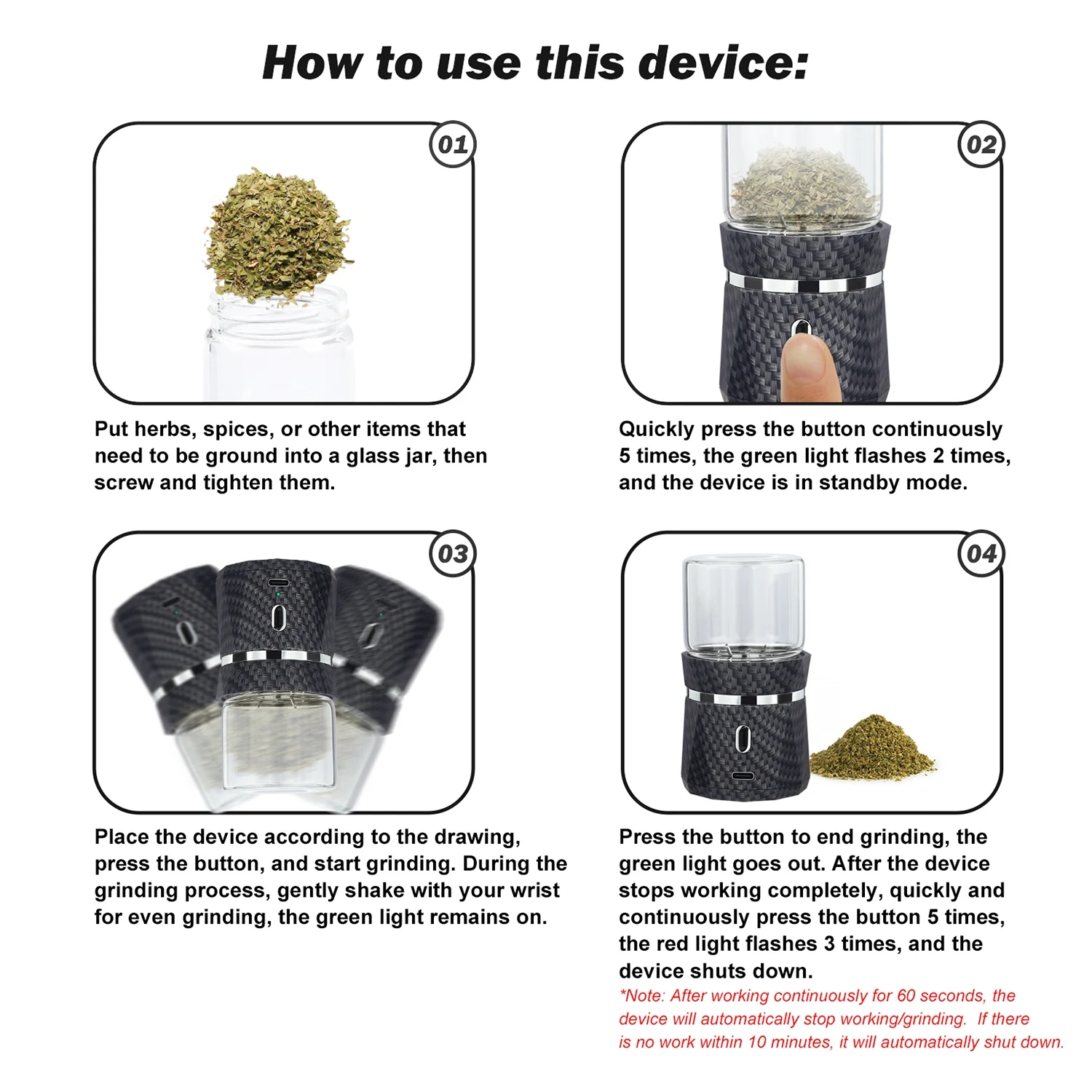 Электрическая мельница, автоматическая мини-дробарка для специй, измельчитель трав с 2 стеклянными баночками, 1,7 унции/50 мл (не для шлифовальной гайки)