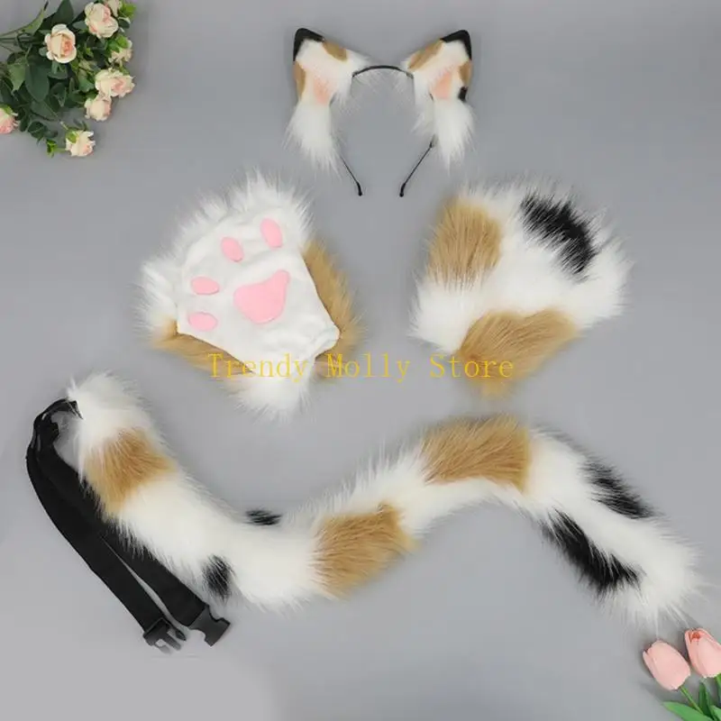 N5KB Wolf Fuchsschwanz Clip Ohren und Handschuhe Set Halloween Cosplay Party Kostüm Zubehör