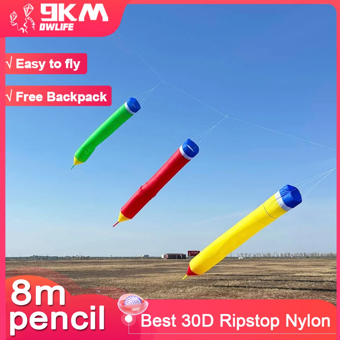 9KM 8m Pencil Kite Ripstop Nylon Fabric Line Laundry Kite Pendant Soft Inflatable Large Professional Kite for Adults with Bag