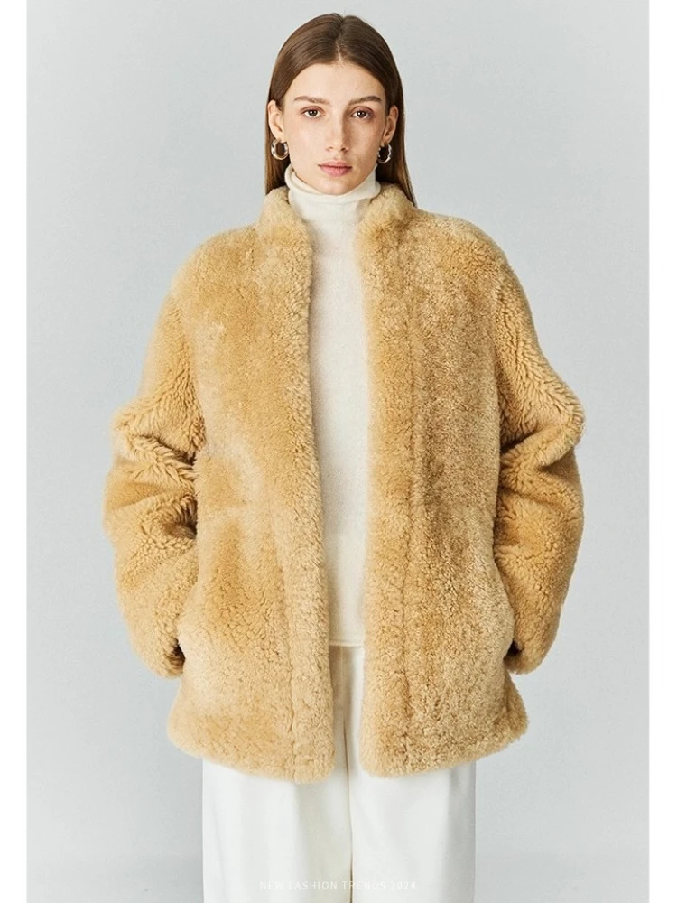

High-end Luxury Merino Sheep Fur Shearling Jackets for Women 2026 New Simple Stand Collar Winter Genuine Leather Real Fur Coat