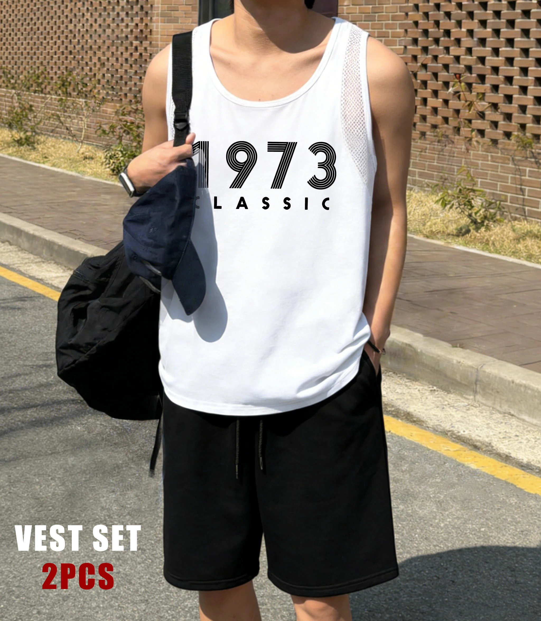 

From 1973 Classic Print Men Basics Vest Set Soft Reticular Sleeveless Tee Summer All-Match Shorts Unisex Fashion Sportset