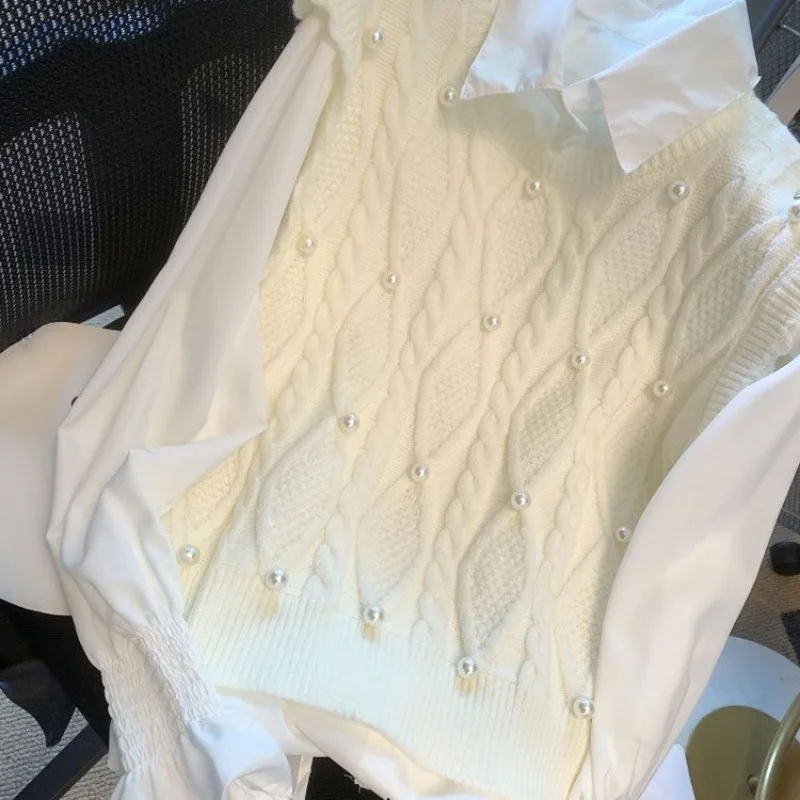 Franse zachte stijl zoet vest met kralen Vest dames lenteontwerp Premium poloshirt met klokmouwen, tweedelig pak