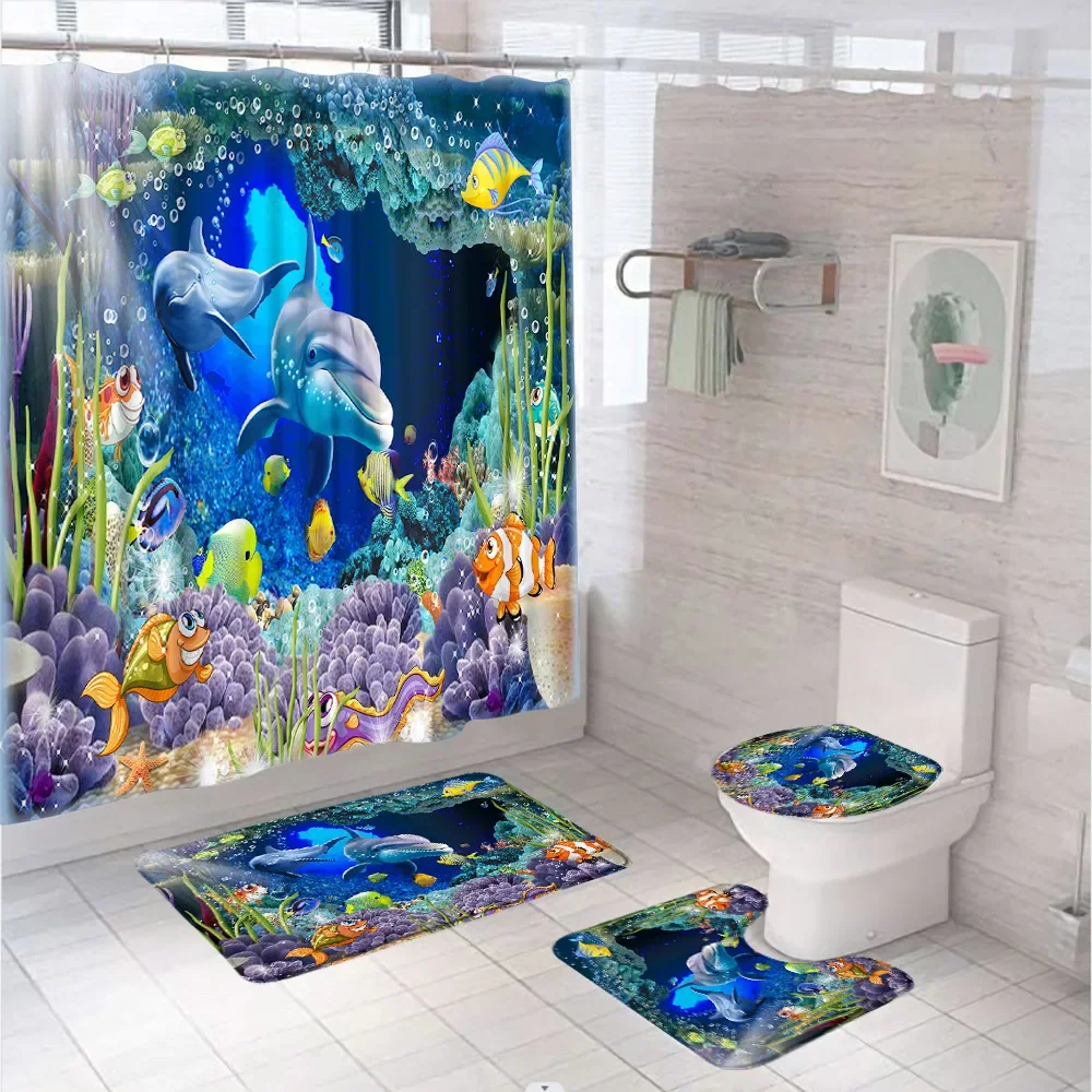 Tropical Fish Jellyfish Coral Shower Curtain Set Ocean Dolphin Animal Bathroom Curtains Non-Slip Bath Mat Rug Toilet Cover Home