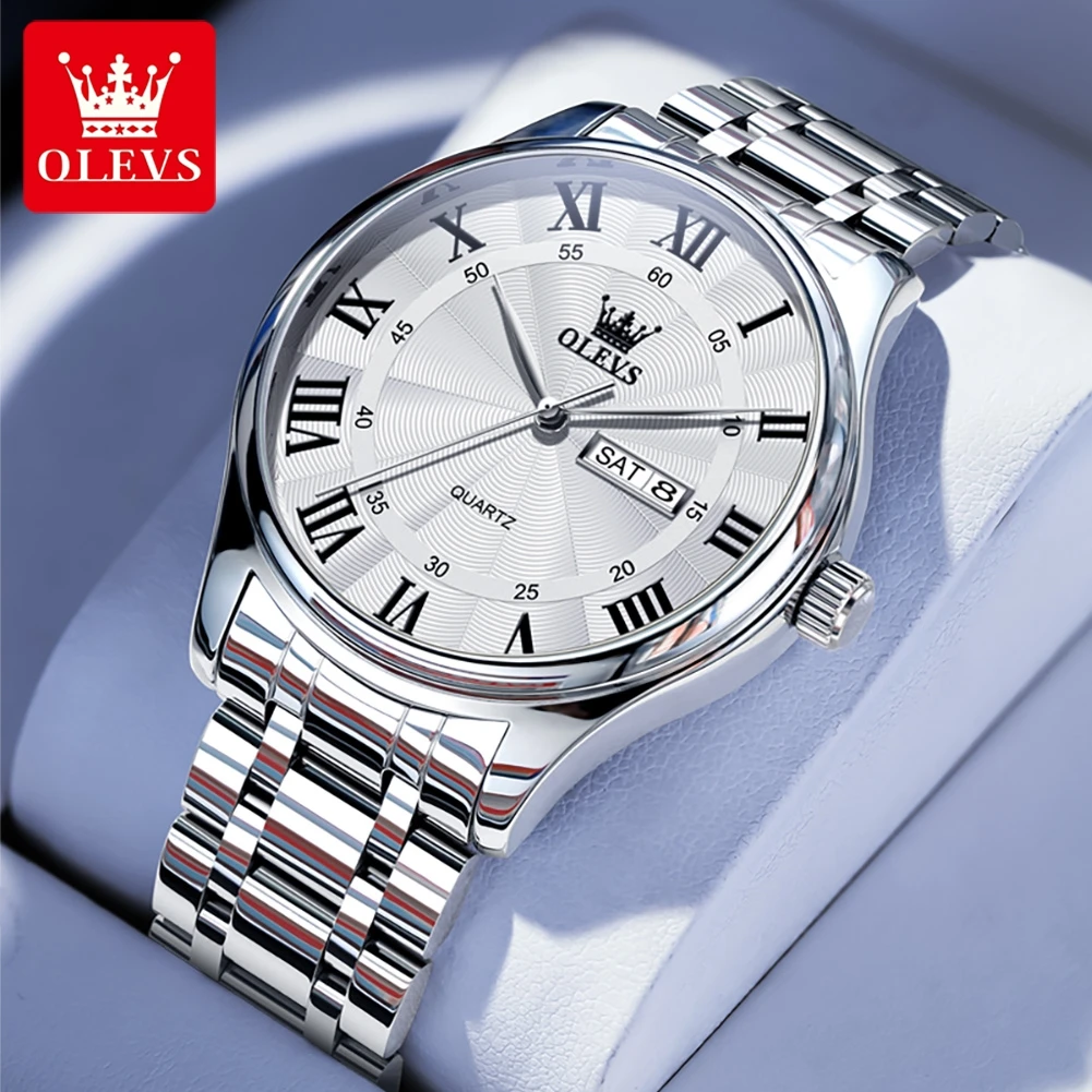 OLEVS 3663 Schlichte Klassische Herren-Quarzuhr Römisches Zifferblatt Edelstahl Wasserdicht Datum Woche Geschäfts-Armbanduhr für Männer