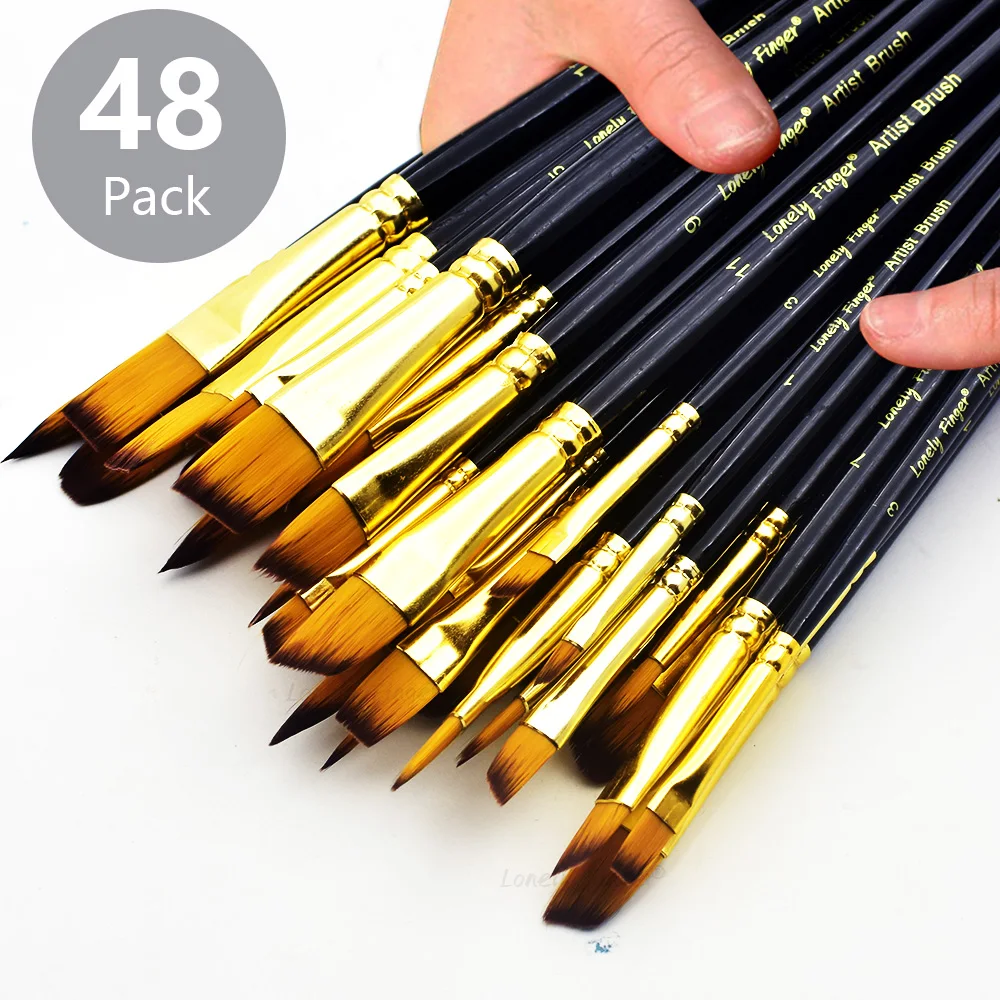 12/48pcs Professional Artist Paint Brush Set Include Round Filbert Flat Angle Fine Detail Brush Premium Nylon Brush for Painting