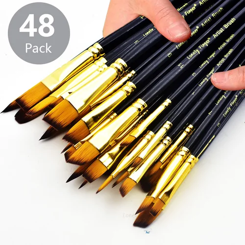 Juego de pinceles de pintura de artista profesional, 12/48 Uds., incluye pincel redondo de ángulo plano para detalles finos, pincel de nailon Premium para pintar