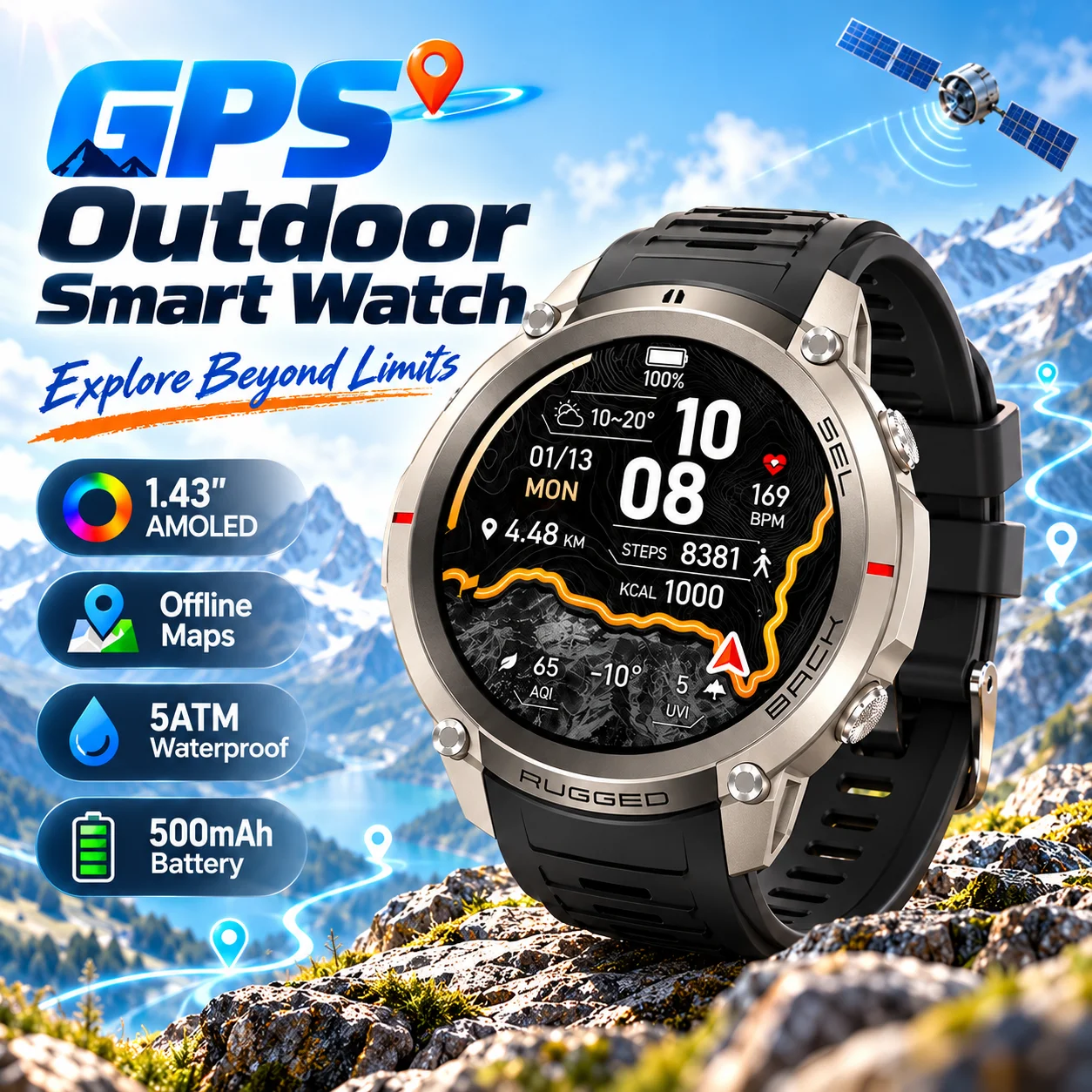 GPS Smart Watch for Men 1.43" AMOLED Display Offline Maps 170+ Sports Modes 5ATM Water Resistant Bluetooth Call