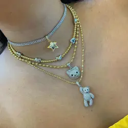 4PCS, Lovely Bears Charms Bead Chain for Women Heart Star Zircon 18K Gold Plated Pendants Tennis Chain Necklace Party Jewelry