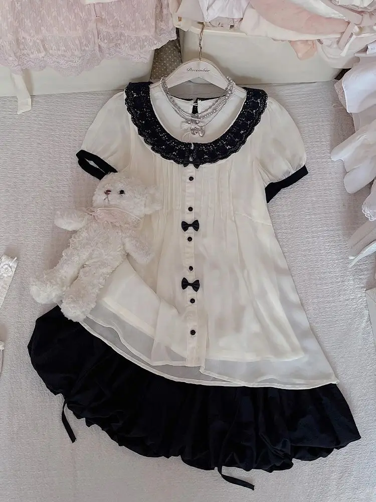 Coquette Sweet Vintage Japanese 2pcs Set Women Lace Collar Puff Short Sleeve Bow Ruched Front High Waist Bow Tie Bubble Hem Mini