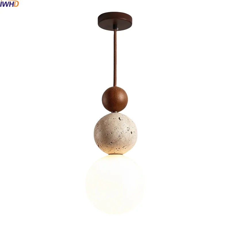 

IWHD Modern Nordic LED Pendant Light Kitchen Bedside Wood Yellow Stone White Glass Hanging Pendant Lamp Luminaire Suspension