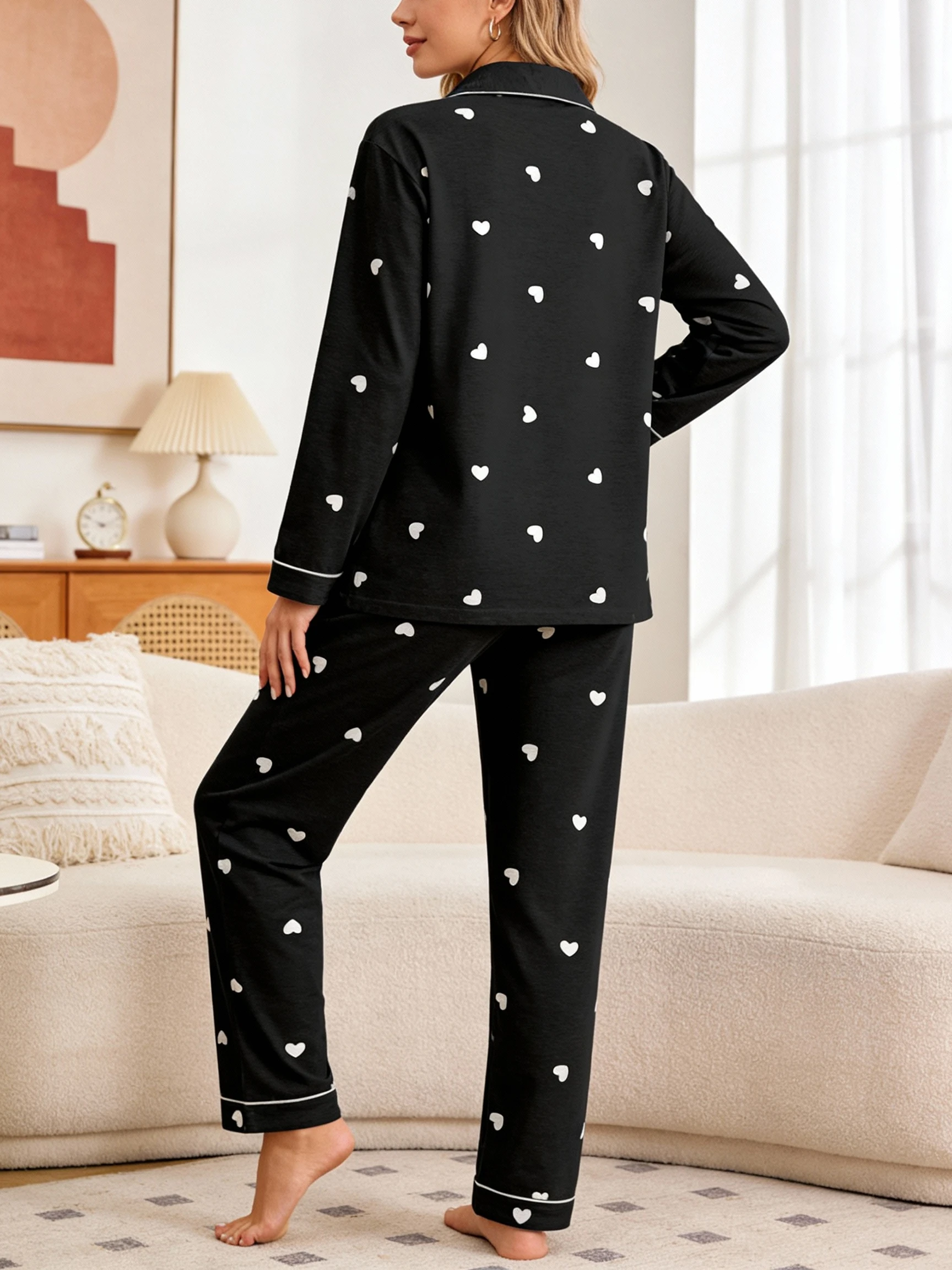 Women's home sleepwear set, heart-shaped printed sleepwear set, comfortable long sleeved top and pants