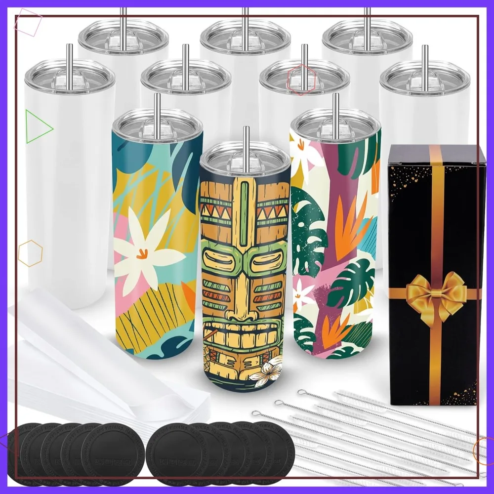 

Набор из 10 термокружек-тамблеров из нержавеющей стали, 20 унций, с сублимационной печатью, с крышкой и соломинкой, в подарочной коробке