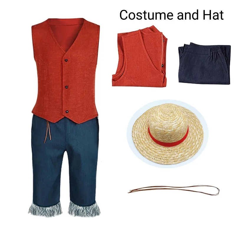 Luffy Cosplay Monkey D Luffy Kostuum Rood Vest Shorts Hoed Touw Anime Outfit Volwassenen Mannen voor Halloween Party