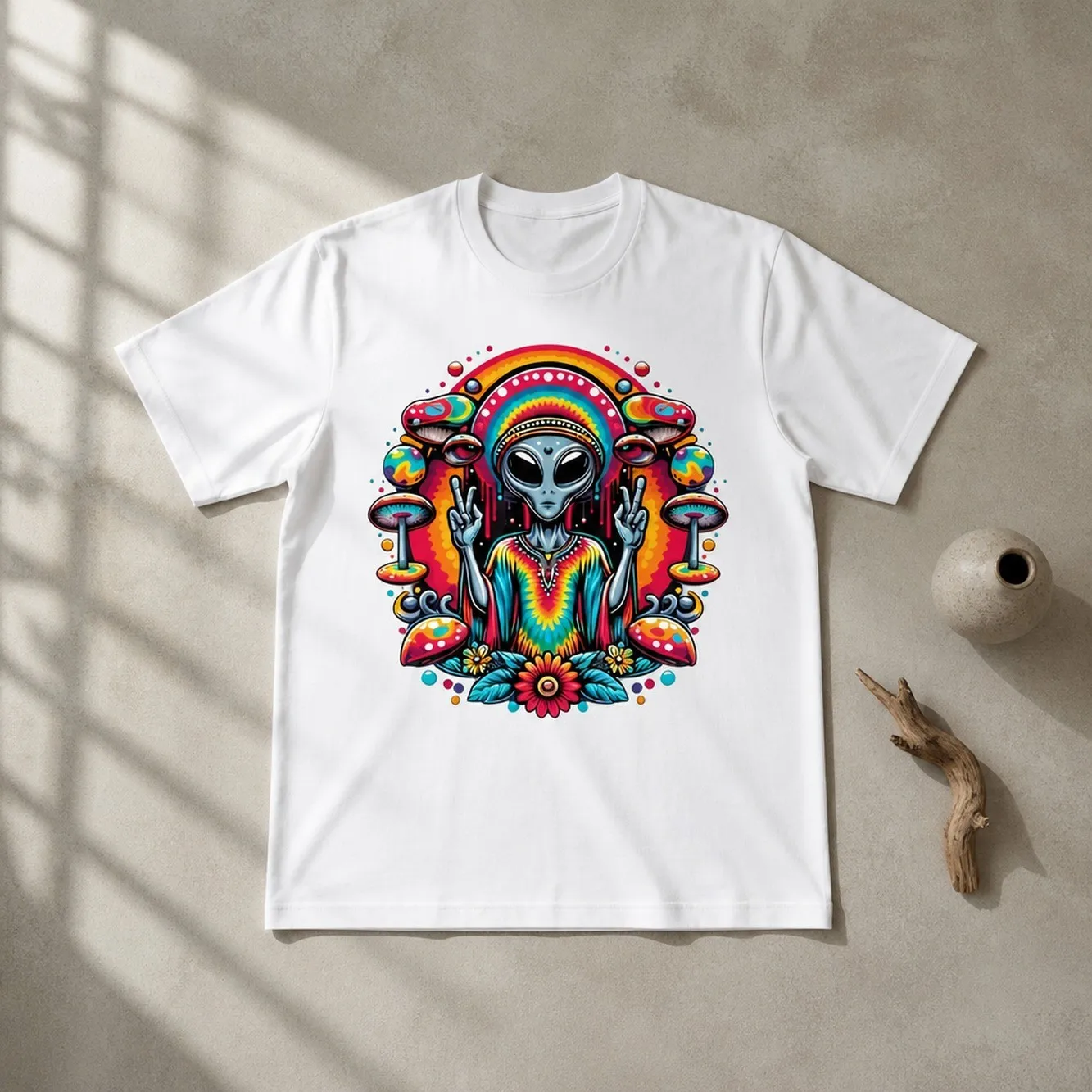Essential Basic,Unisex T-Shirt Featuring A Humorous Tie-Dye Alien Peace Sign In A Boho Hippie Style, Suitable For Both Men And Women.,Crew Neck Short