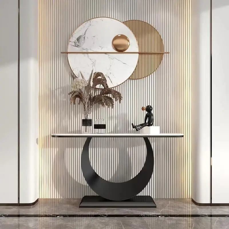 طاولة مدخل بلاطة صخرية فاخرة وخفيفة الوزن، مكتب دخول بسيط وحديث، غرفة المعيشة، طاولة عرض نهائية مبتكرة نصف دائرية مرة أخرى